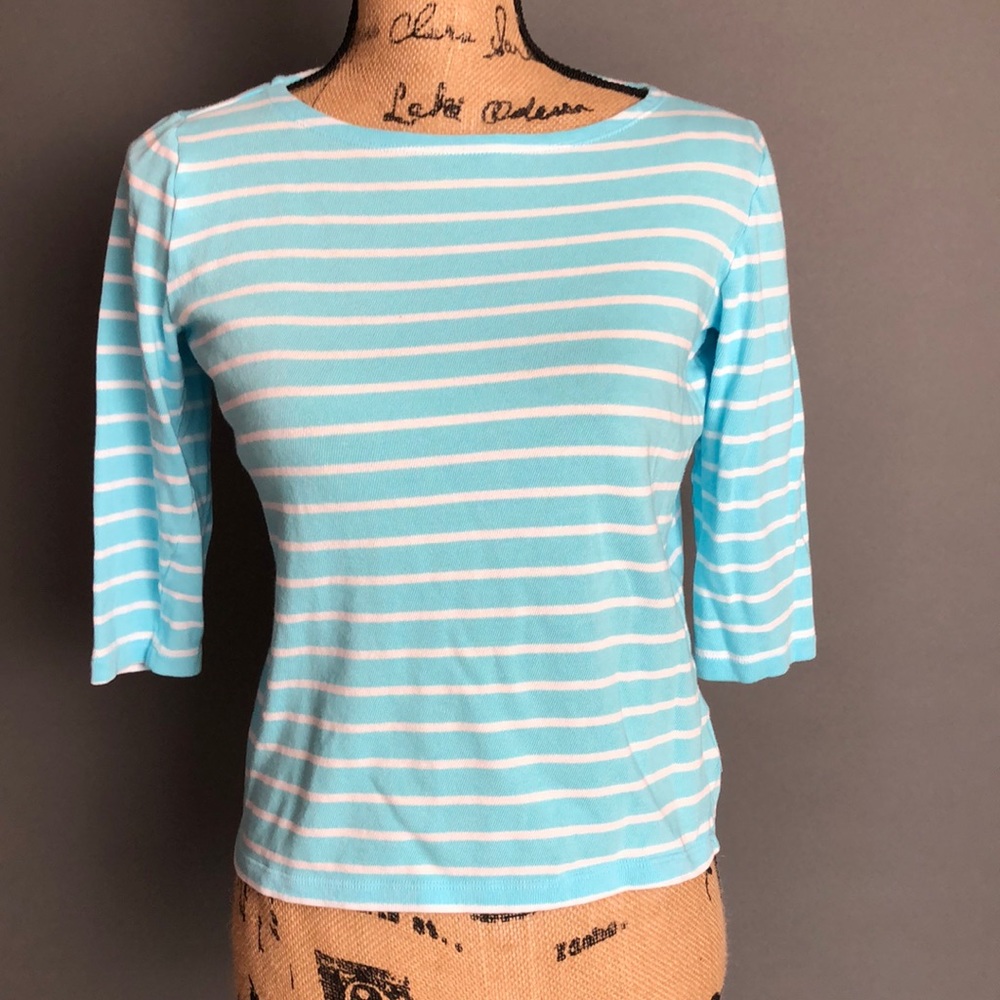 Talbots blue and white striped tee 3/4 sleeve PS